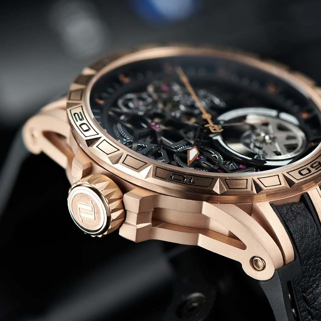 Автоматические механические мужские часы-скелетоны OBLVLO с резиновым ремешком, сапфировые водонепроницаемые часы цвета розового золота LM