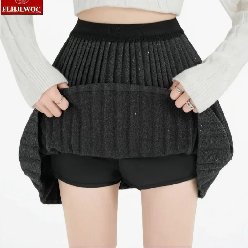 Woolen Mini Skirts New Year Cute Sweet Japanese Girls Woman Preppy Style Solid Little Gray Black High Waist A Line Pleated Skirt