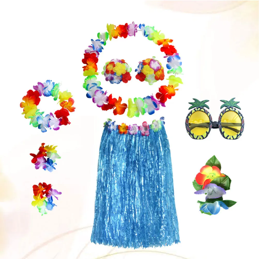 1 set Hawaii Hula Erba Gonna Reggiseno Bracciali Collana Blu Accessorio per feste tropicali Gonna erba Hawaii