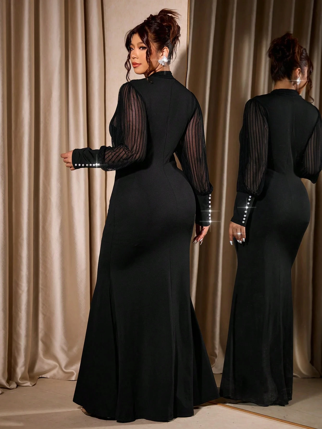 Plus Size Evening Dress Women High Neck Sheer Striped Mesh Long Sleeve Black Maxi Formal Gown Wedding Guest Prom Party Dress view 5