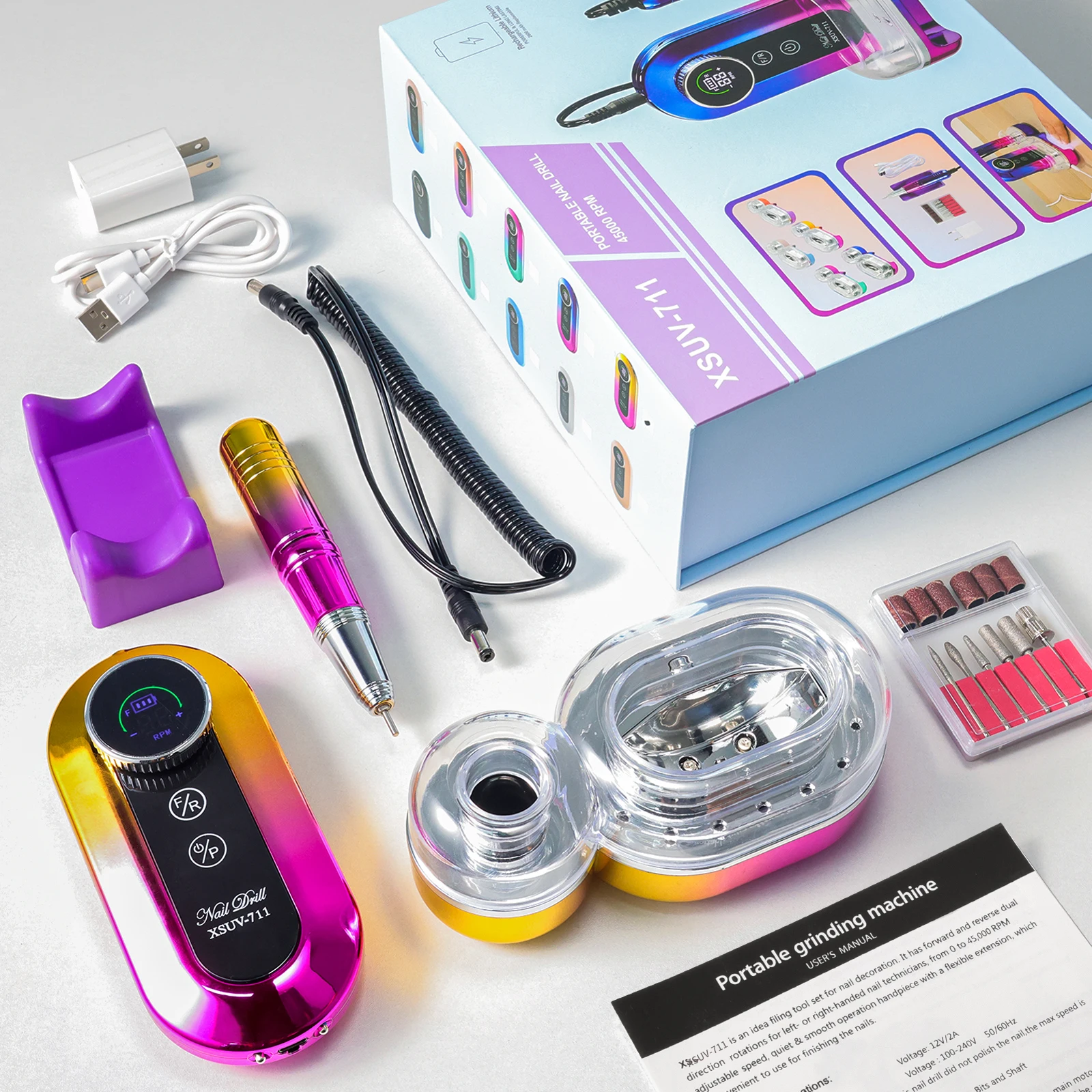 قابلة للشحن مسمار الحفر 45000 دورة في الدقيقة الكهربائية ملف الأظافر عدة آلة طلاء الأظافر مع مصباح الأظافر مسمار ساندر للأظافر هلام الاكريليك