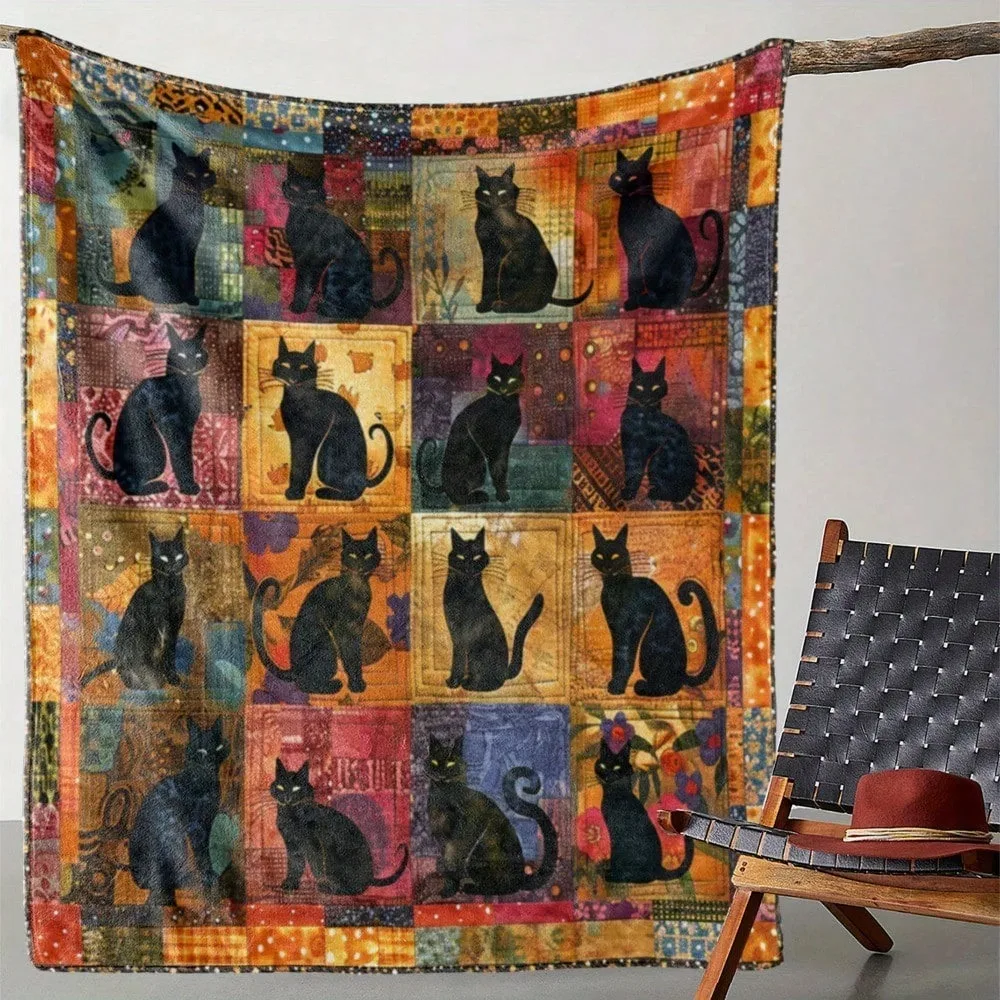 

Black Cat Patchwork Quilted Throw Soft Cozy Couch Bedding Home Decor
