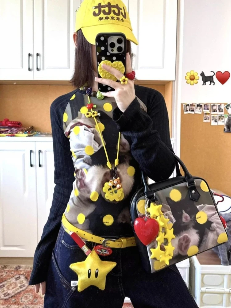 HOUZHOU Y2k Vintage T-shirt Women Harajuku Japanese Style Kawaii Print T Shirts Juminocore Female Long Sleeve Tees Streetwear