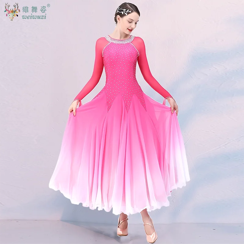 Traje de desempenho de dança moderna high-end elástico gradual mudança de cor vestido adulto valsa dança de salão roupas de competição