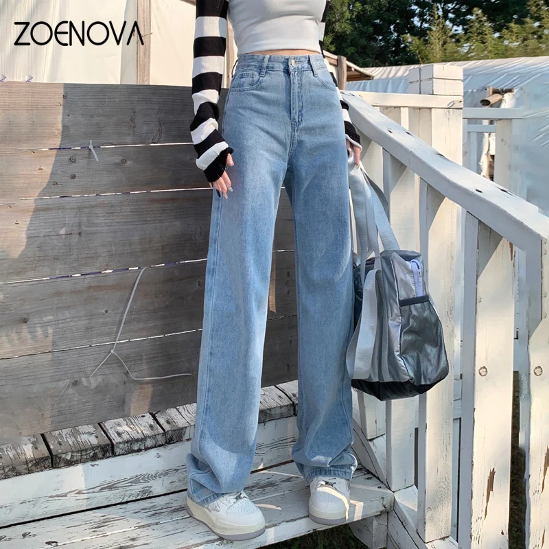 ZOENOVA-Jean taille haute pour femme, pantalon droit, simple et doux, jambes larges, style rétro, version coréenne, printemps 2024