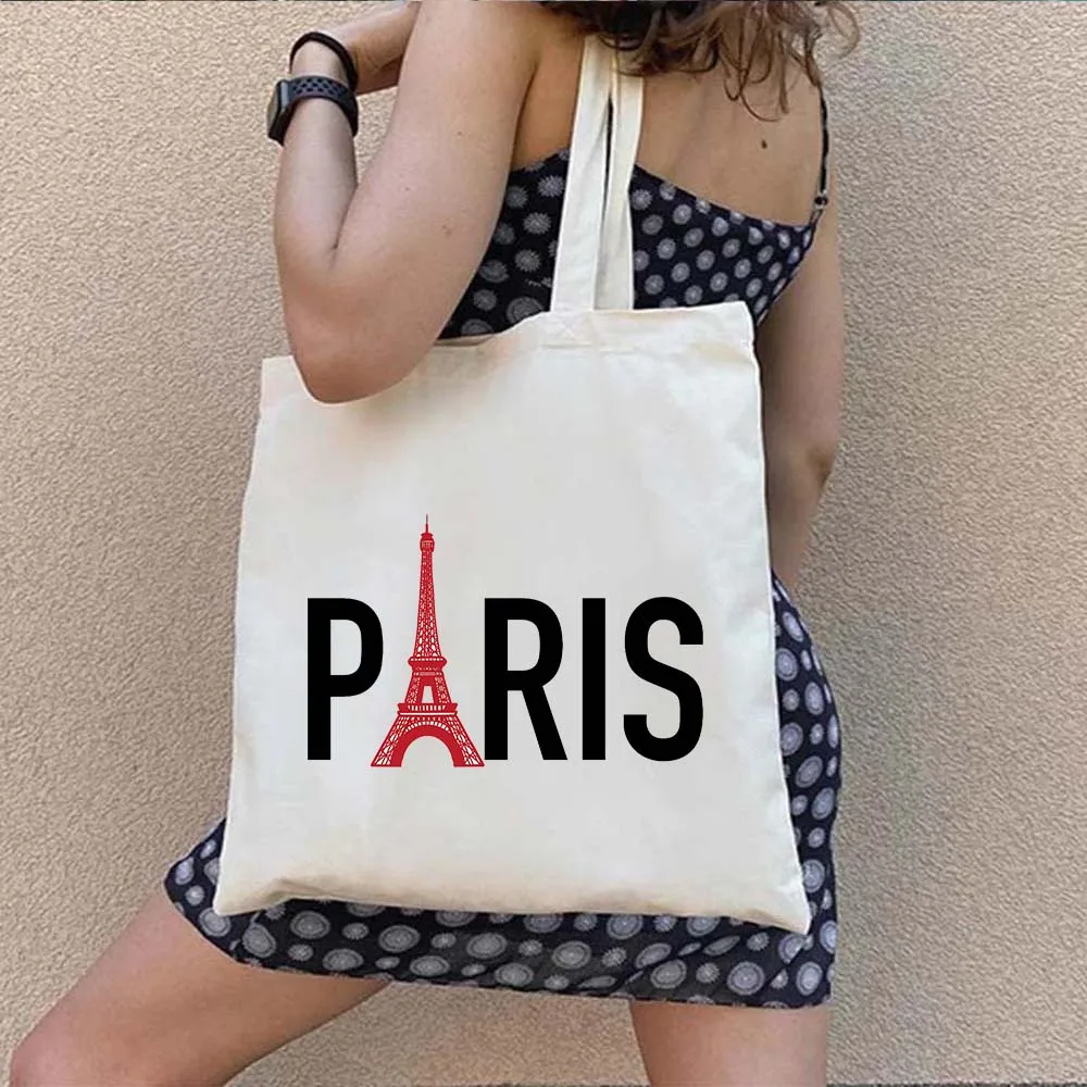 Paris Eiffel Tower Lettering Printing Vintage LGBT Love Heart Cafe Souvenir France Canvas Shopper Cotton Totes Bag Cute Handbags