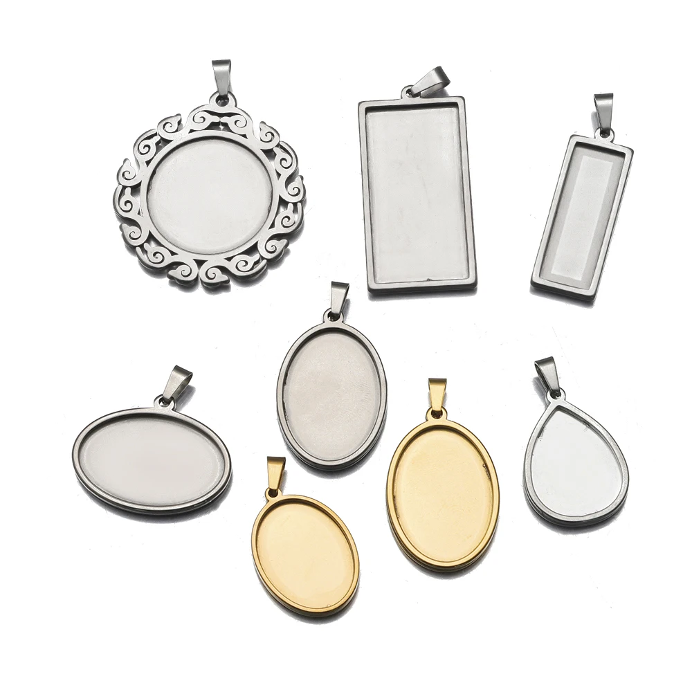 Round Square Cabochon Pendant Base Bezel Trays Cups Blank Settings Gold Plated Stainless Steel For Diy Necklace Jewelry Making