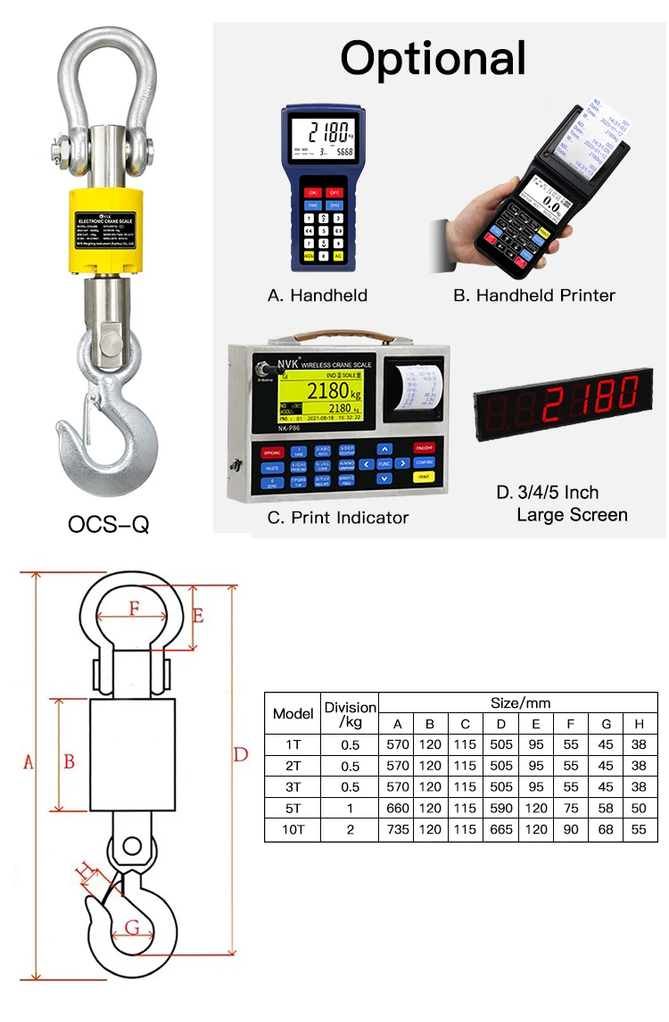 OCS5T 3000kg Bilancia sospesa Bilancia per gru digitale wireless da 10 tonnellate Display a LED Bilancia per paranco a gancio industriale da 1 tonnellata 3 tonnellate OEM 2000 kg