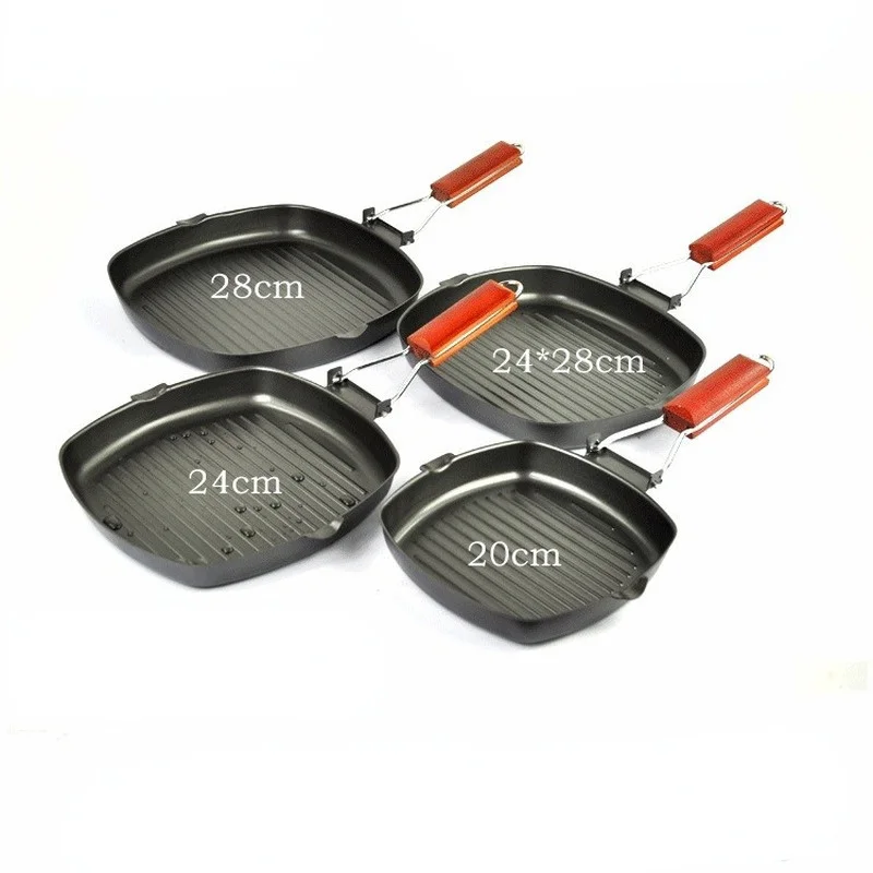 Portable Non-sticky Steak Frying Pan Square Grill Pan With Folding Wooden Handle BBQ Frying Pancast Iron Kitchen Accessory