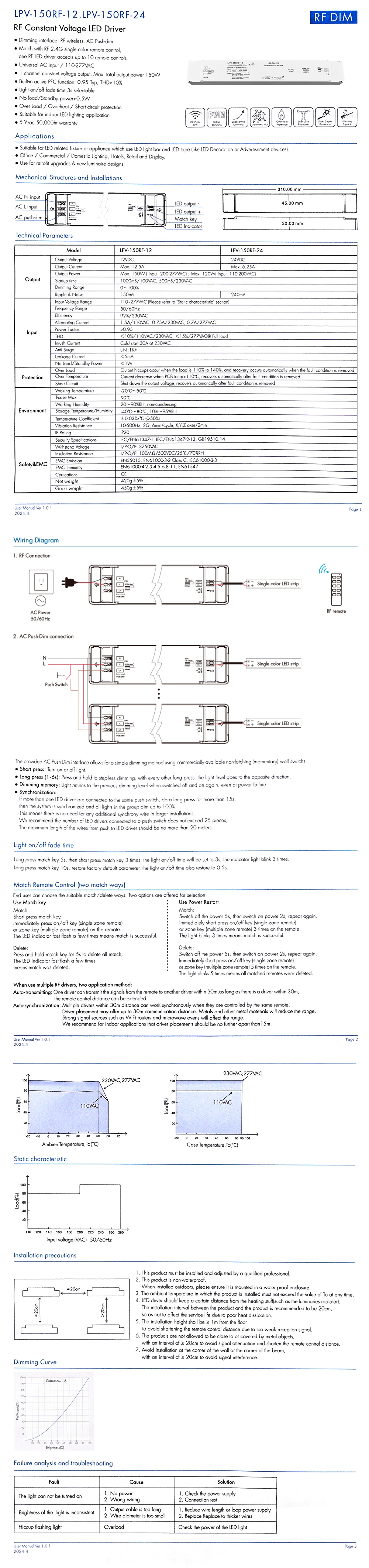 40W/70W/150W dimmbarer LED-Treiber, RF-Fernbedienung, AC-Push-Dim-Beleuchtungstransformator, Dimmer-Netzteil für LED-Streifenlichter, DC12V 24V – Detail 3