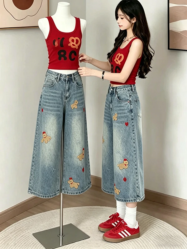 

Retro American Vintage Dog Towel Embroidered Denim Shorts Women Summer New Loose Seven-Foot Jeans Casual High Waist Wide Leg