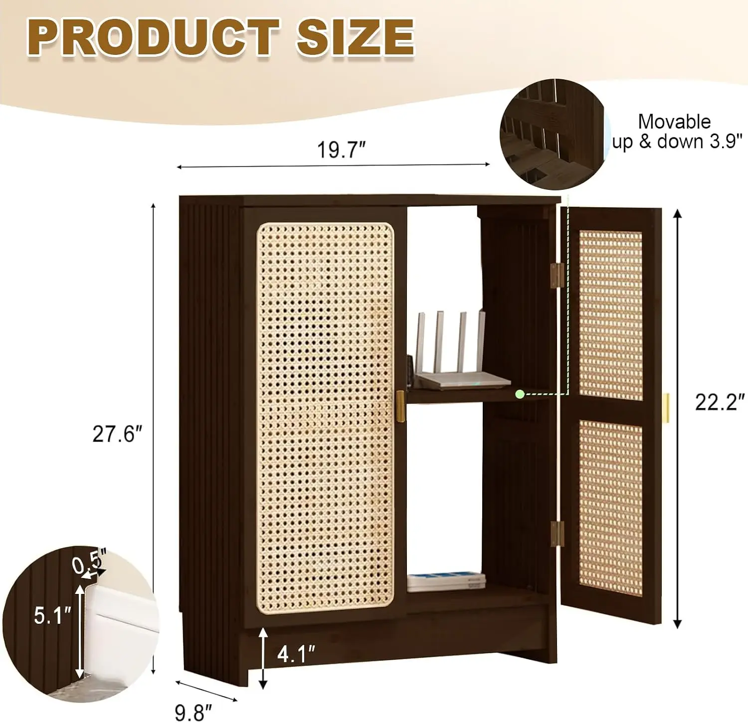 WiFi Router Storage Cabinet, Bamboo Router Cabinet with Adjustable Shelves | Multimedia Audio Rack with Doors, 2 Layer Standing