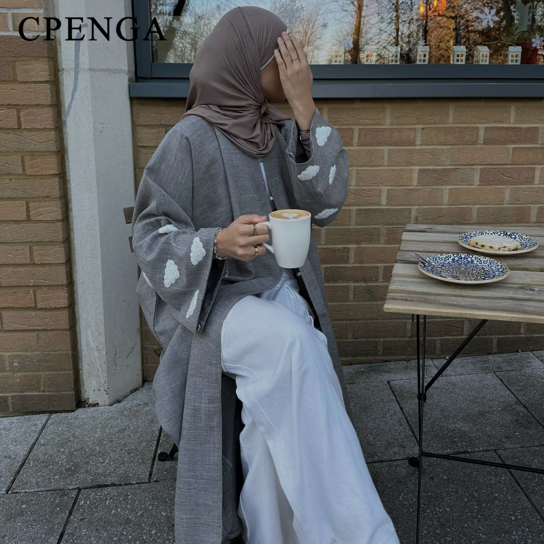 Saudi Clouds Open Abaya Elegant Eid Muslim Modest Coat for Women Islam Turkey Embroidery Dress Cotton Linen Long Sleeve Clothing