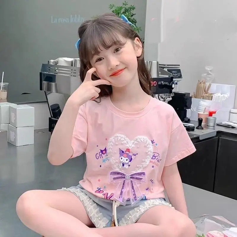 

Sanrio T-Shirt Kuromi Children Short Sleeve New Style Cotton Hot Cartoon Print Summer Fashion Kawaii Baby Comfortable Cheap Soft
