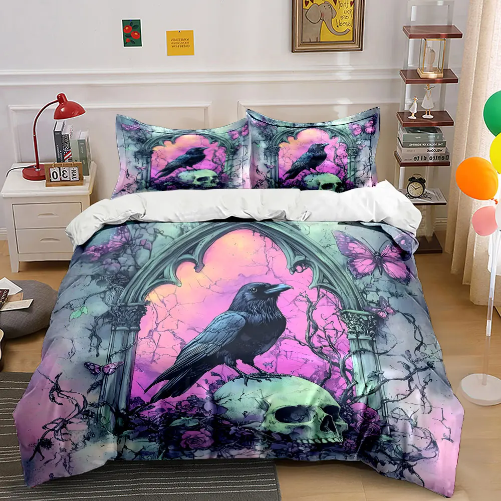 A raven on a skull surrounded by flowers and butterflies Bedding set 3PC 1duvet cover 2pillowcases adult children bedding set