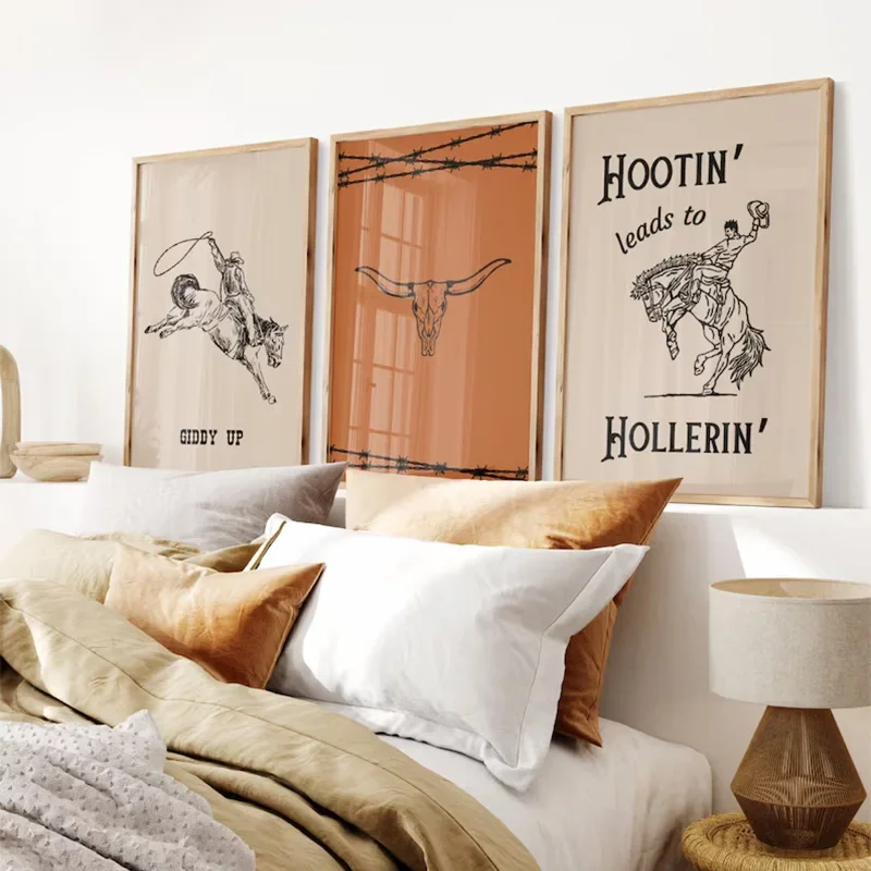 Western Cowboy Nursery Decorative Painting Wild West Horseback Riding Line Alphabet Poster Vintage Bedroom Decorative Wall Art