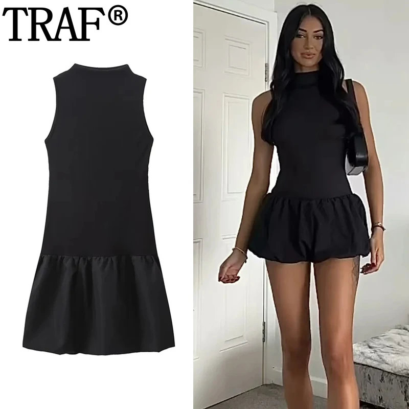 TRAF-Mini Robe Noire Plissée à Col Haut pour Femme, Tenue Courte, Dos aux, Découpée, 2024