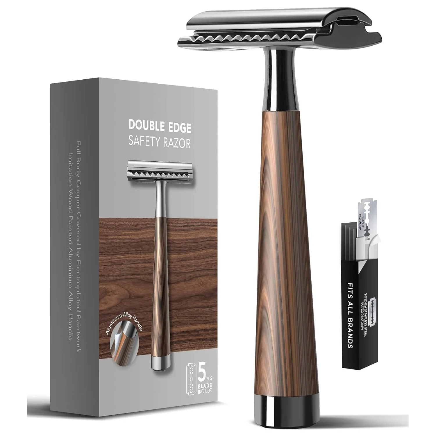 Long Wood Handle Safety Razor for Men Women - Double Edge Manual Razor  With 5 Shaving Blades