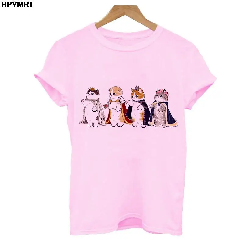 Camiseta de manga corta con dibujos de gato para mujer, remera de gran tamaño, playera blanca y rosa, ropa informal de calle para mujer 2022