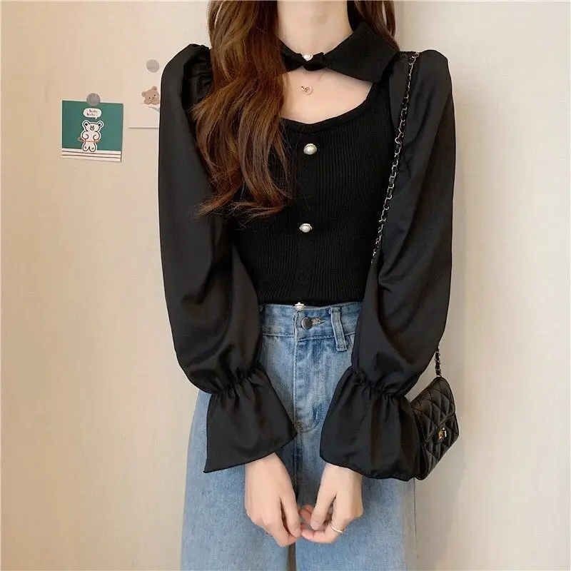 Sweet Korean Patchwork Slim Shirt Tops Spring Autumn Long Sleeve Hollow Out Solid Trend T Shirts Fashion Elegant Women Cloth