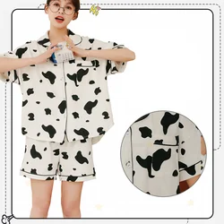 Womens Cotton Nightgown Womens Pajama Set Two Piece Cow Print Short Sleeve Sleepwear Loungewear Button Down Tops Shorts Summer