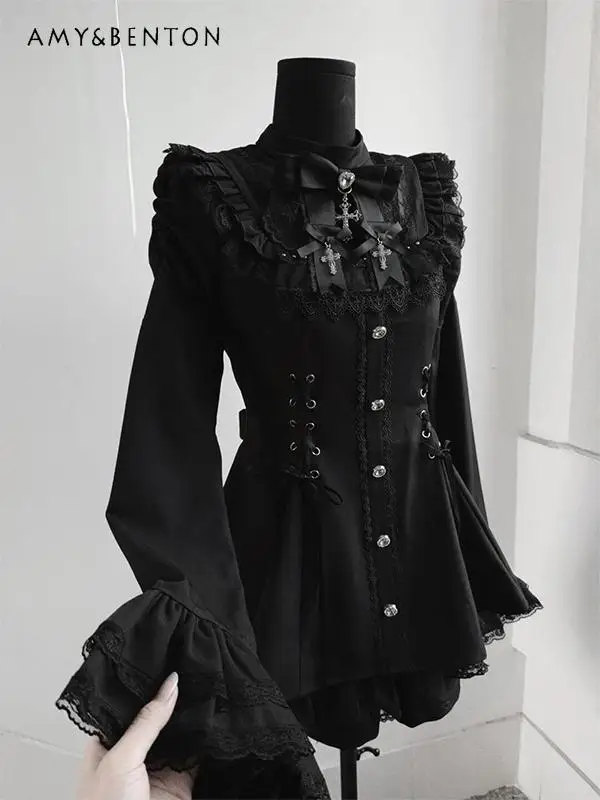 

Mine Series Mass-produced Bow Lace Horn Sleeve Slim Dress Sets Lolita Japanese Style Subculture Mini Dress Shorts Two-piece Set