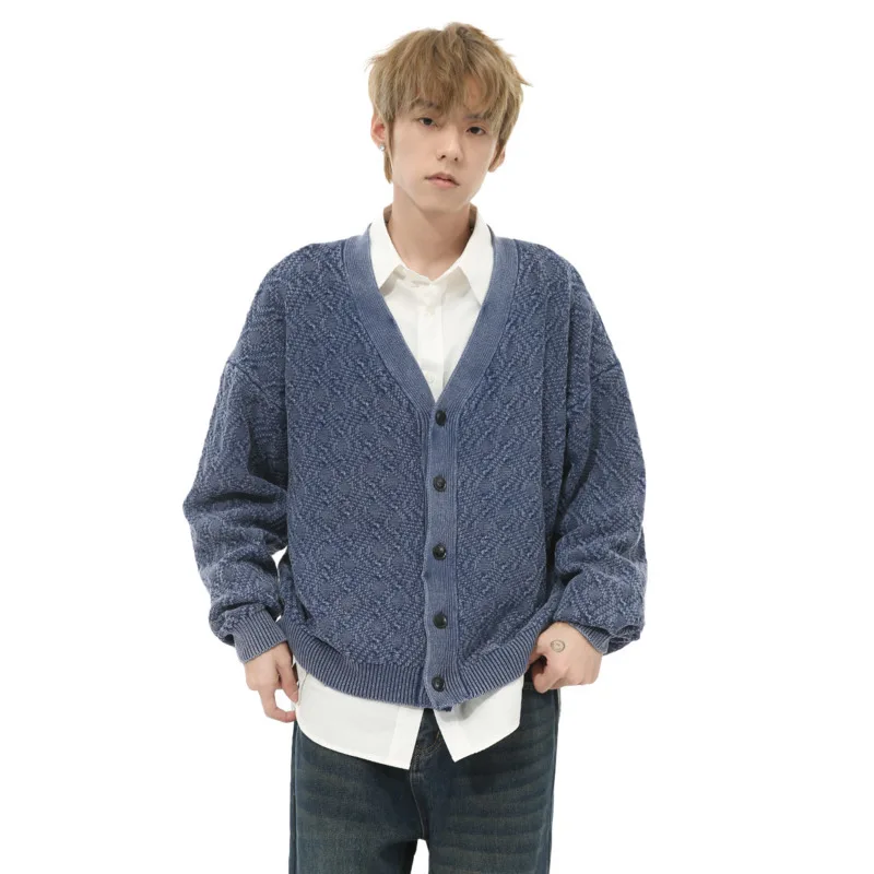 SYUHGFA Niche Design Men's Cardigan Striped Gradient Round Collar Single Breasted Knitting Tops Loose Korean Male Knits Tide