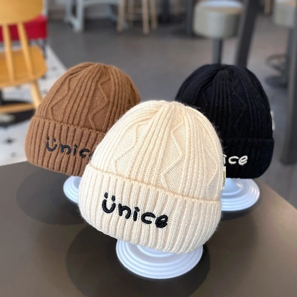 High Quality Thick Knitted Wool Hat Embroidery Letter Unisex Winter Warm Cap Durable Velvet Lining Baby Bonnet for 1-6year Kids