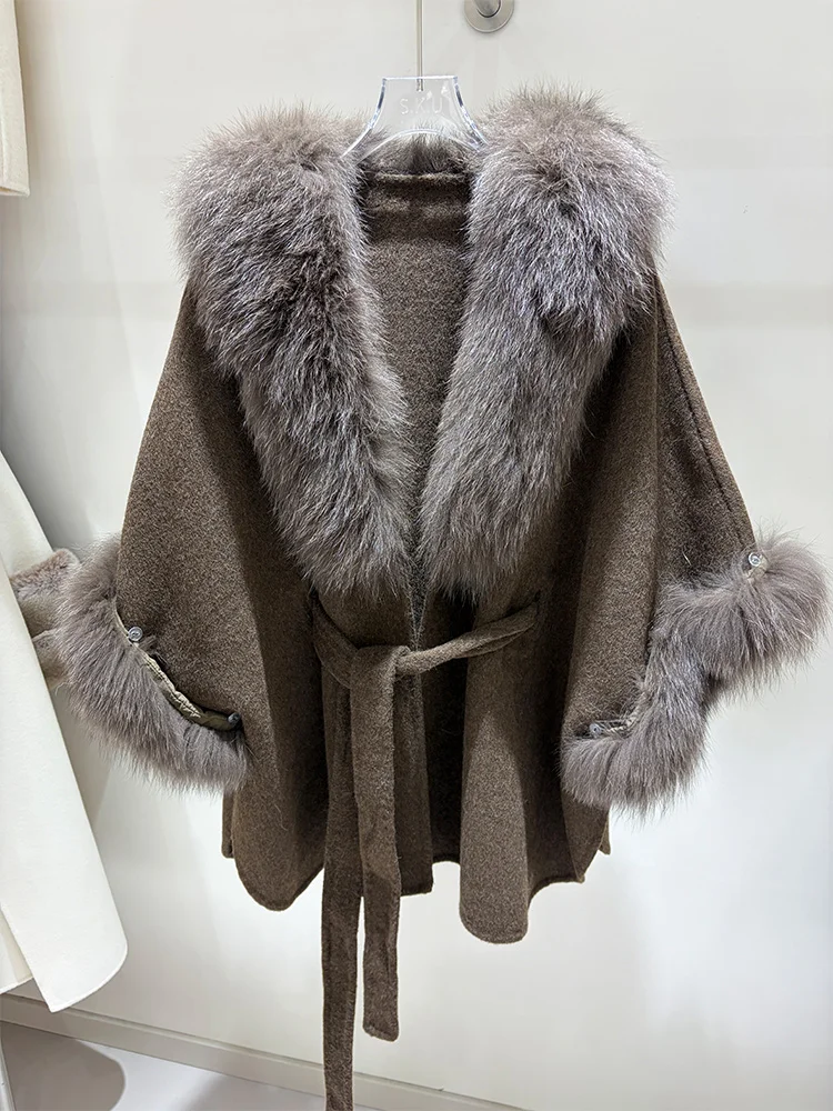 New Winter Natural Real Fox Fur Collar Hooded Coat Cashmere Wool Woolen Cloak Women Jacket Luxury Outwear Ladies Female Fur Coat