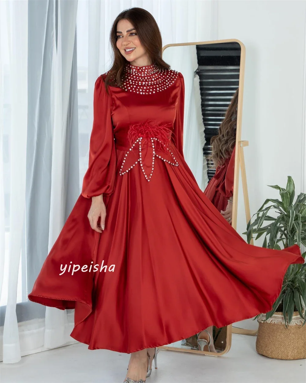 Robe de Bal Personnalisée en Jersey à Paillettes avec Perles Froncées, Ligne A, Col Haut, Midi, Qualité Exquise, pour ix