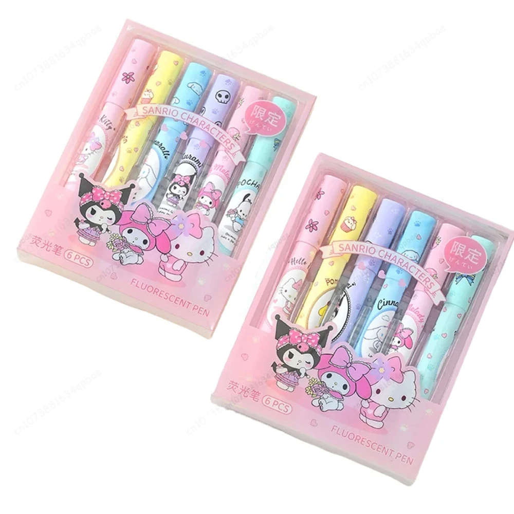 6Pcs MINISO Hello Kitty Highlighter Pen Set Kawaii Kuromi Melody Cinnamoroll Art Fluorescent Markers Pens School Office Statione