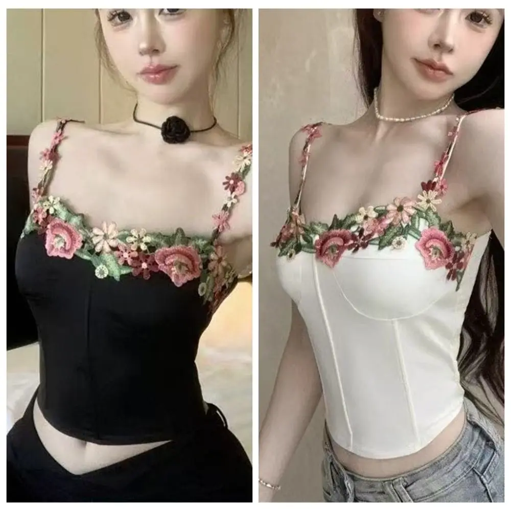 Moda piccante ragazza stile fiore canotta senza maniche dolce ricamo gilet corto slim fit Y2K fiore crop top estivo