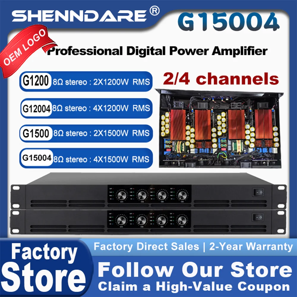 ShennDare G15004 4x1500W 8OHM 전문 디지털 전력 증폭기 2/4CH 오디오 라인 어레이 스피커 증폭기 1U DJ 서브우퍼 전치 증폭기 4x2250W 4OHM 클래스 D 사운드 증폭기 성능 가라오케 장비