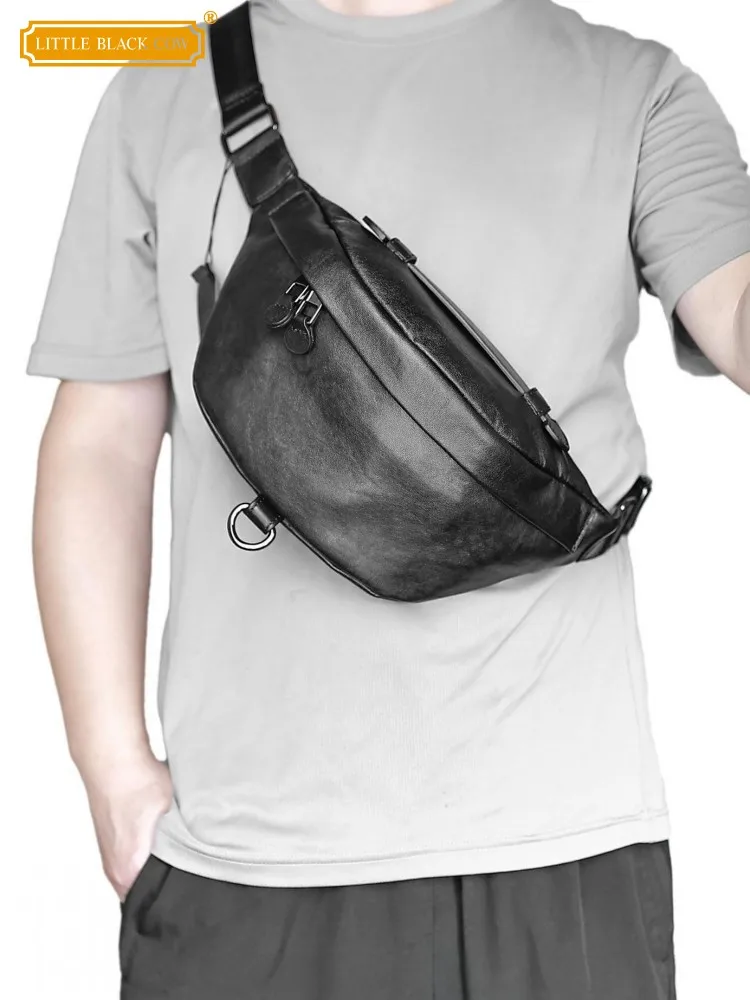 

High Street Mens Genuine Leather Chest Bag Zipper Versatile Casual Single Shoulder Bag Solid Color Soft Cowskin Crossbody Bags