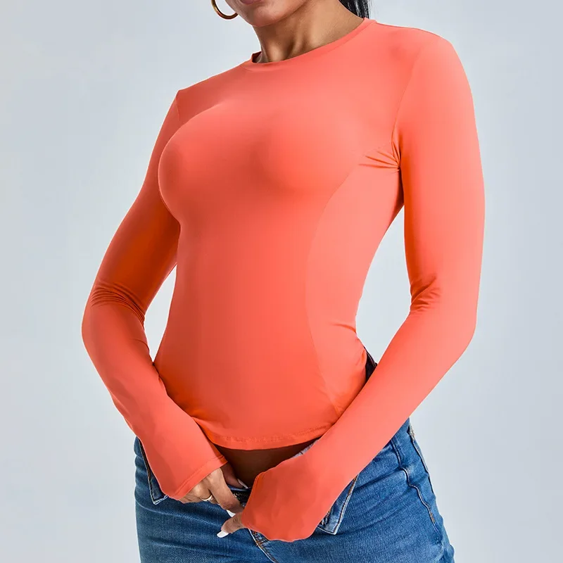 Logotipo personalizado roupas femininas outono nova linha de espinha de peixe de manga comprida roupas de yoga casual correndo esportes camiseta