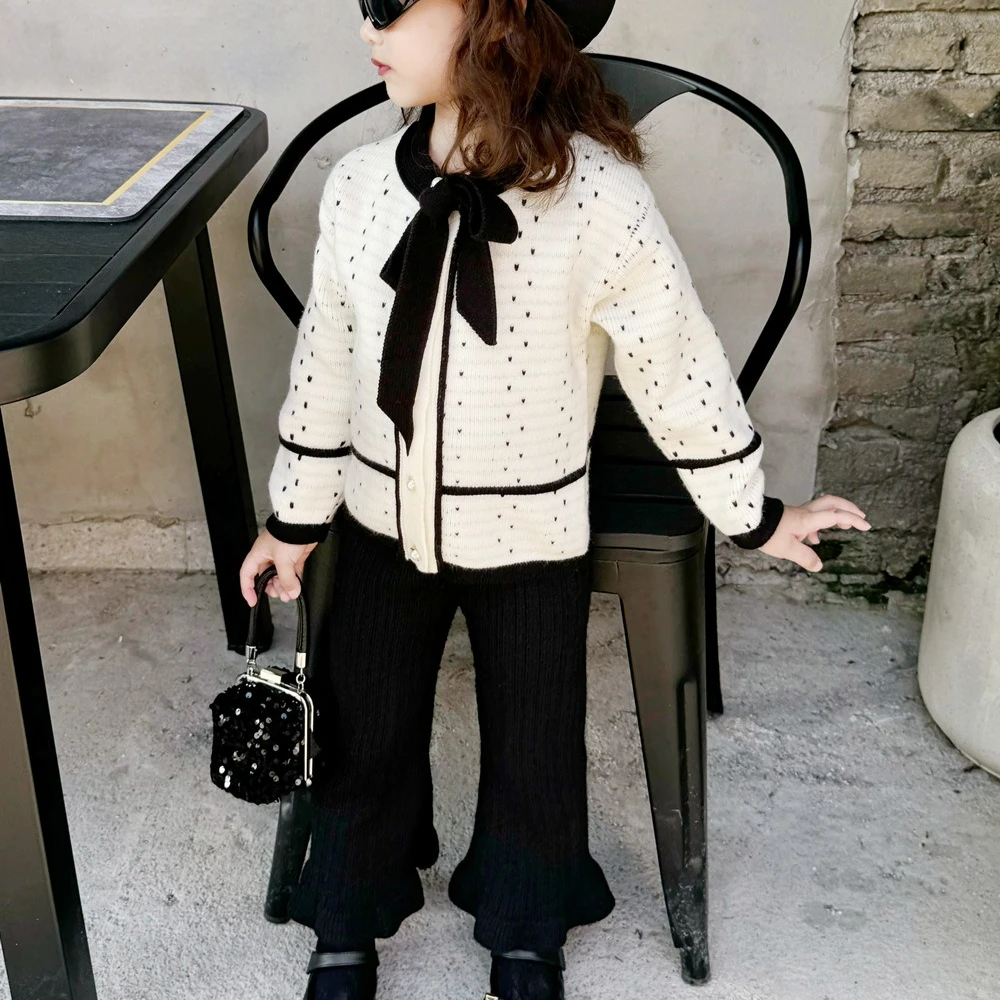 Girls' Elegant Knitted Sweater Sets Autumn New Children's Knitted Coat Cardigan + Kids Pants Clothes Set 2-6Y