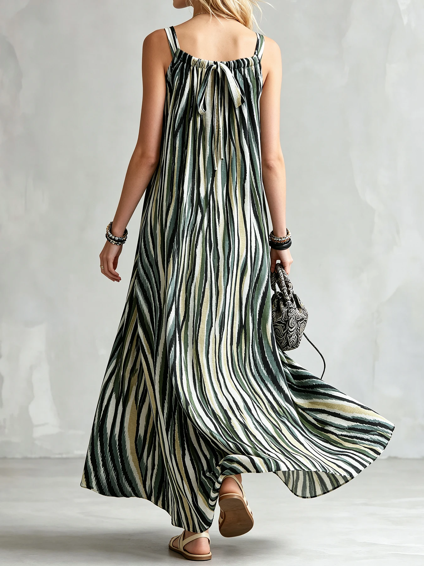 Boho Ikat Stripe Print Sleeveless Camisole Neckline Casual Beach Maxi Dress For Women