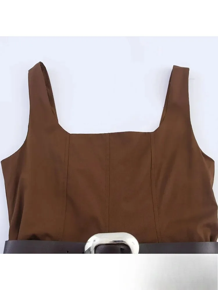 KONDALA Vintage Chic Brown Women Dress Cami Square Collar Belt Women Ruffles Long Dress Fashion 2025 Autumn Holiday Party Dress