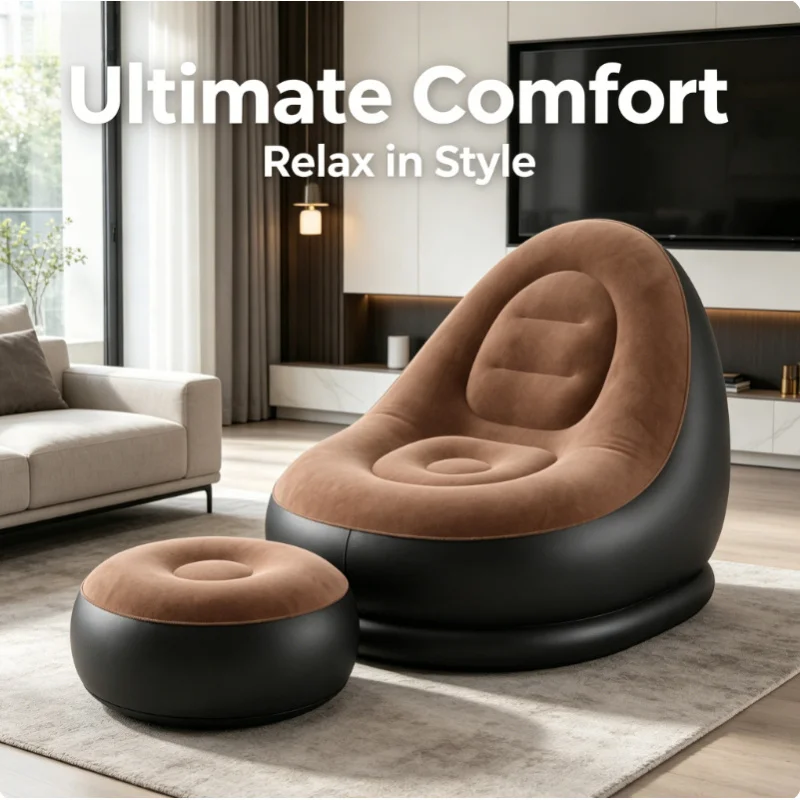 2Pcs Inflatable Chaise Lounge Portable Recliner Sofa Chair with Footstool Outdoor Camping Garden Leisure Ottoman