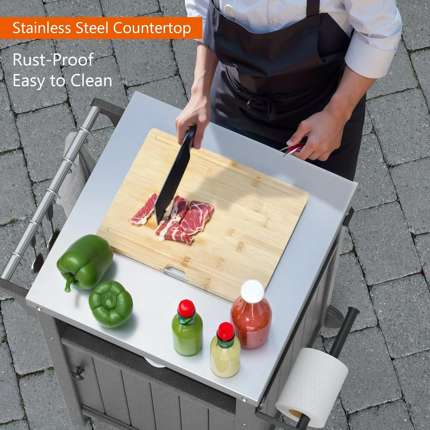 Carrito de Parrilla portátil para exteriores con almacenamiento, gabinete exterior impermeable para parrilla de Patio, mesa de acero inoxidable para exteriores