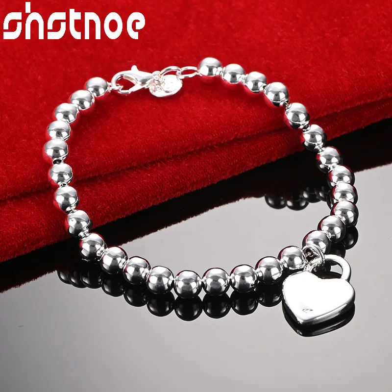 

SHSTONE 925 Sterling Silver 6mm Beads Chain Heart Lock Pendant Bracelet For Woman Party Birthday Jewelry Wedding Accessories