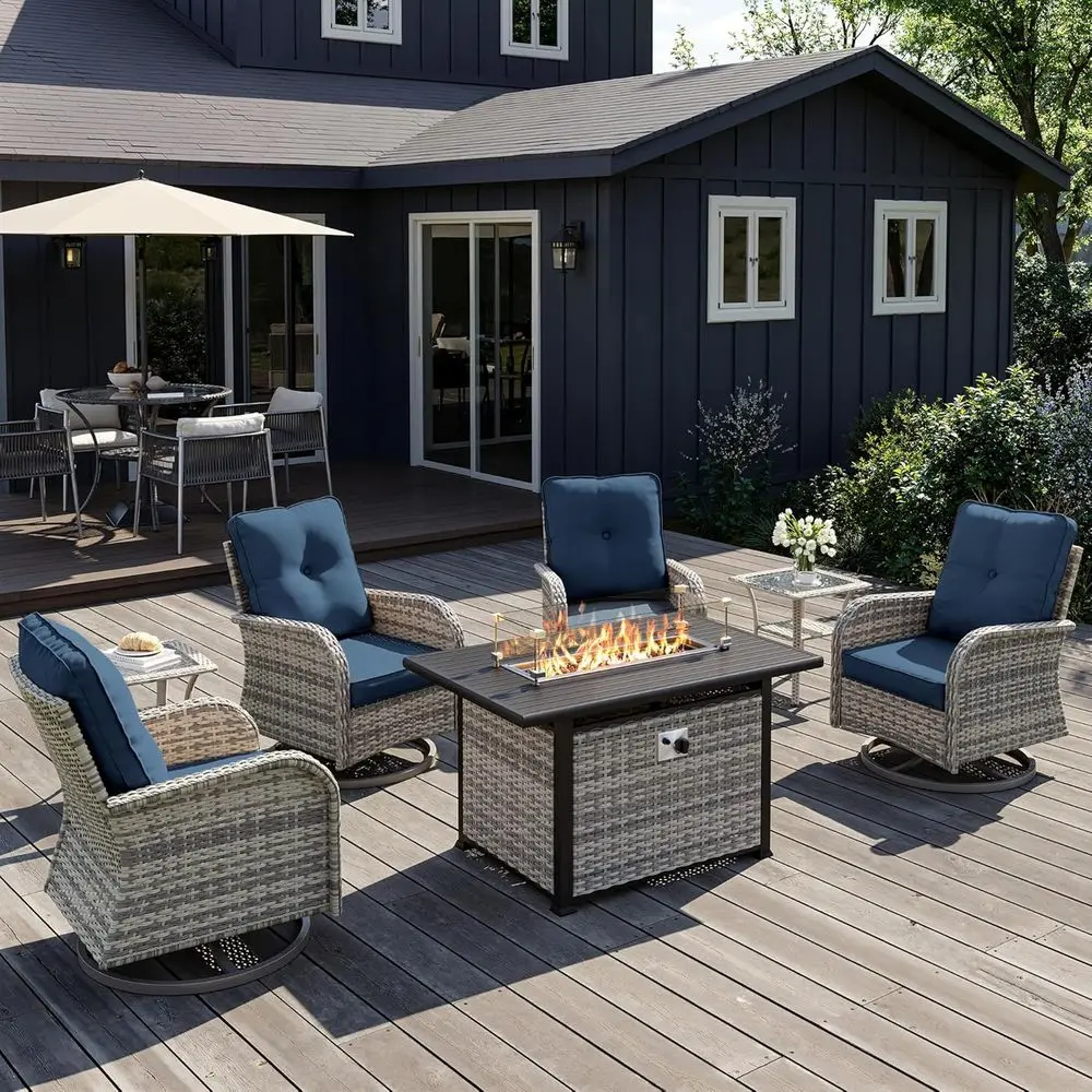 

7-Piece Outdoor Rocking Swivel Chair Set with Fire Pit Table, Wicker Rattan Bistro, Tempered Glass Side Table, Ideal for Patio,