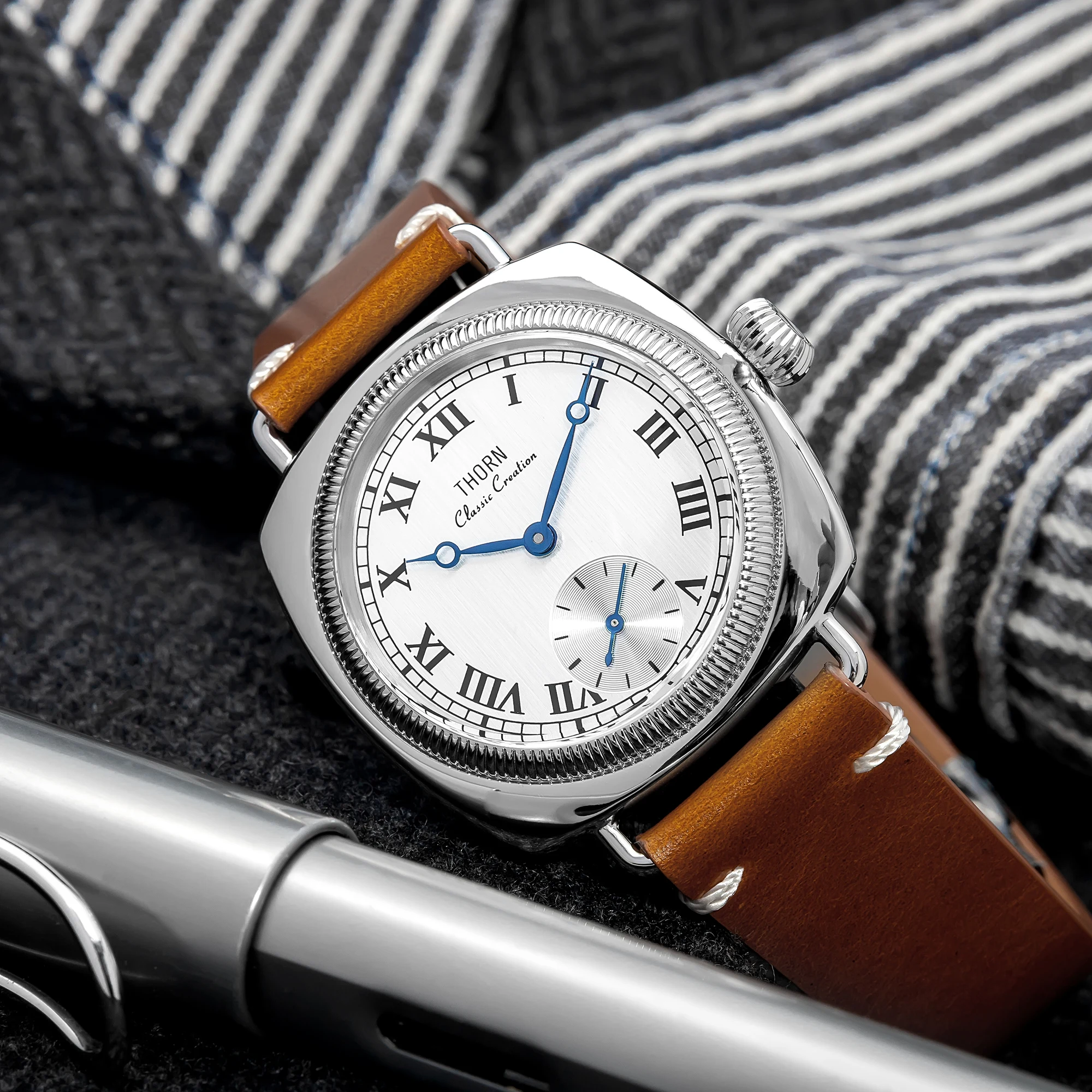 【T002】THORN-Uhr im klassischen Oyster-Stil, antike, kissenförmige Uhr im Retro-Stil, Paaruhr für Herren und Damen – Detail 24