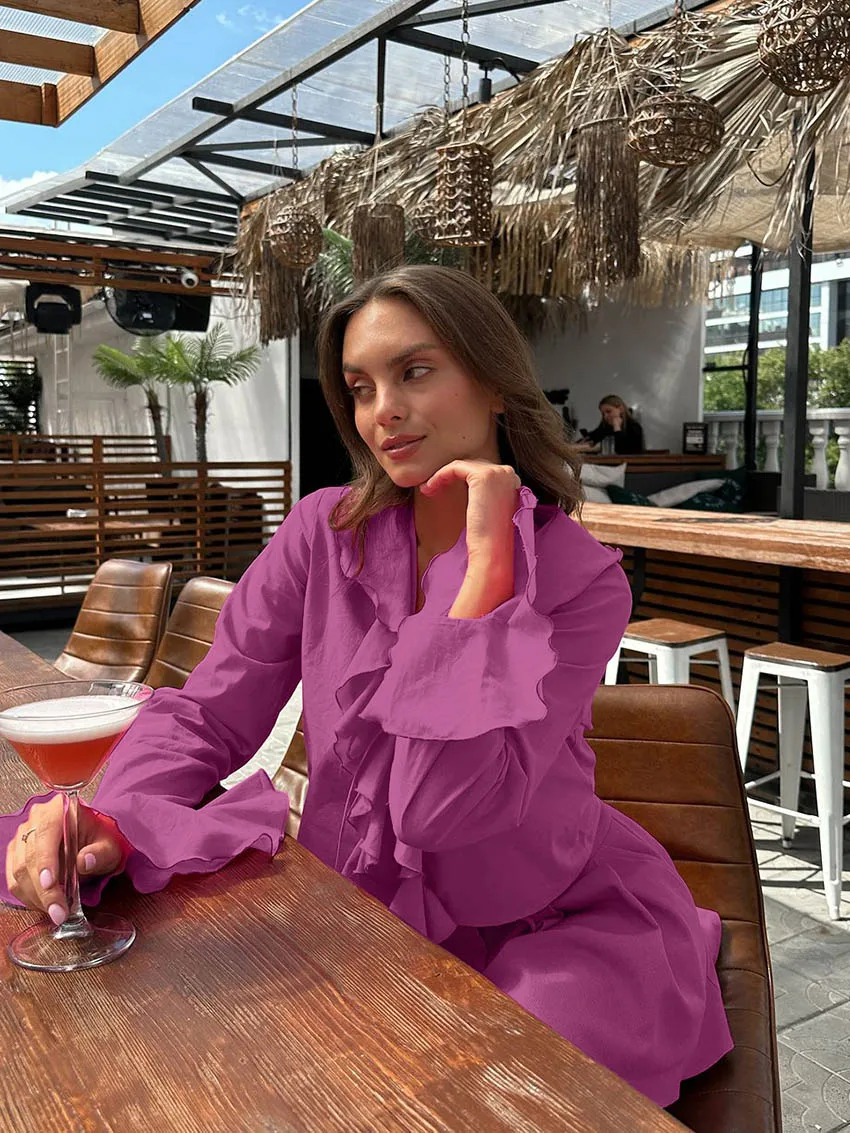 Marthaqiqi Cotton Women'S Pajamas Suit V-Neck Sleepwear Crop Top Nightie Long Sleeve Nightgowns Long Skirts Casual Nightwear Set