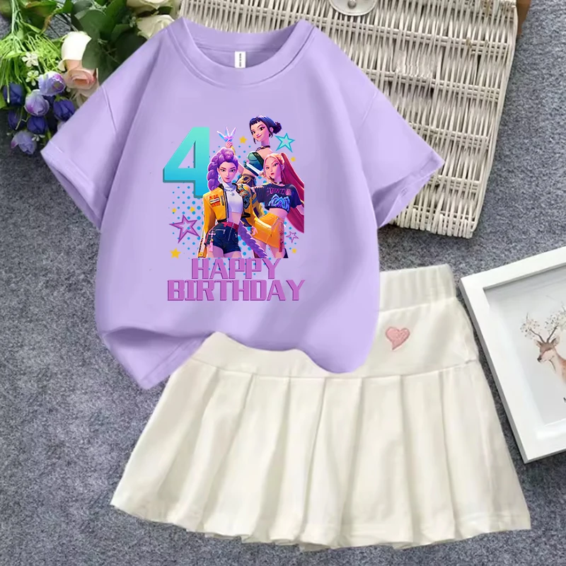 

New KPop Demon Hunterss T-shirt Short Skirt SetGirl Anime Cartoon Short Sleeve A-line Skirt 2PCS Children Loungewear Dress Gifts