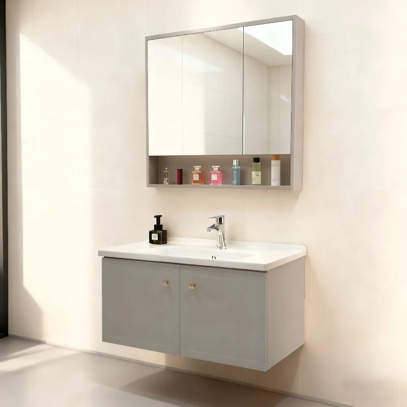 Modern Luxury Style Smart Mirror Vanity Set with Stainless Steel Bathroom Cabinet Ceramic Basin Large-capacity Storage Cabinet
