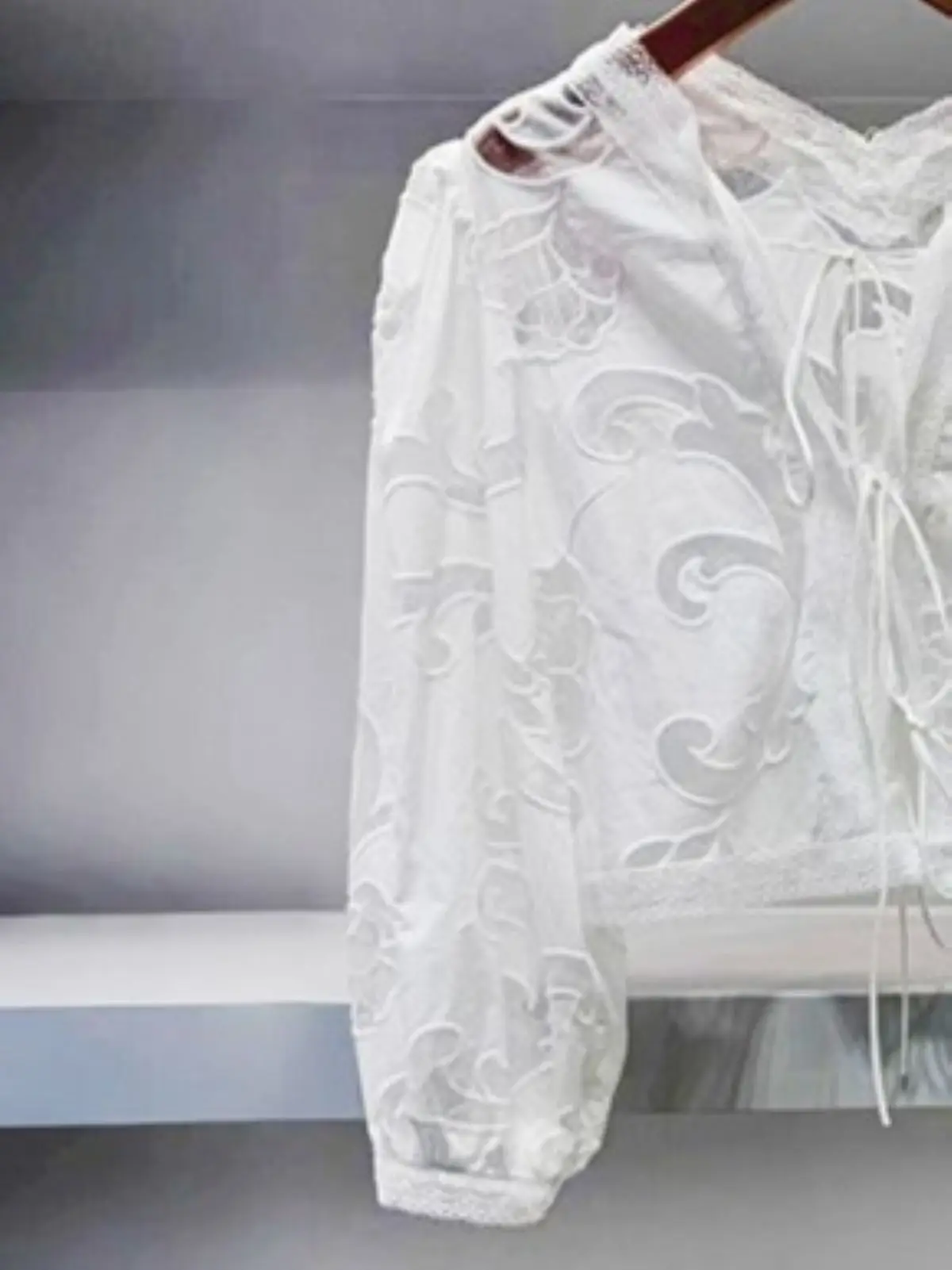 

Spring/Summer Women V-Neck Hollow Embroidered Lace Set Long Sleeve Top + Hign Waist A-Line Tiered Pleated Fashion Maxi Skirt