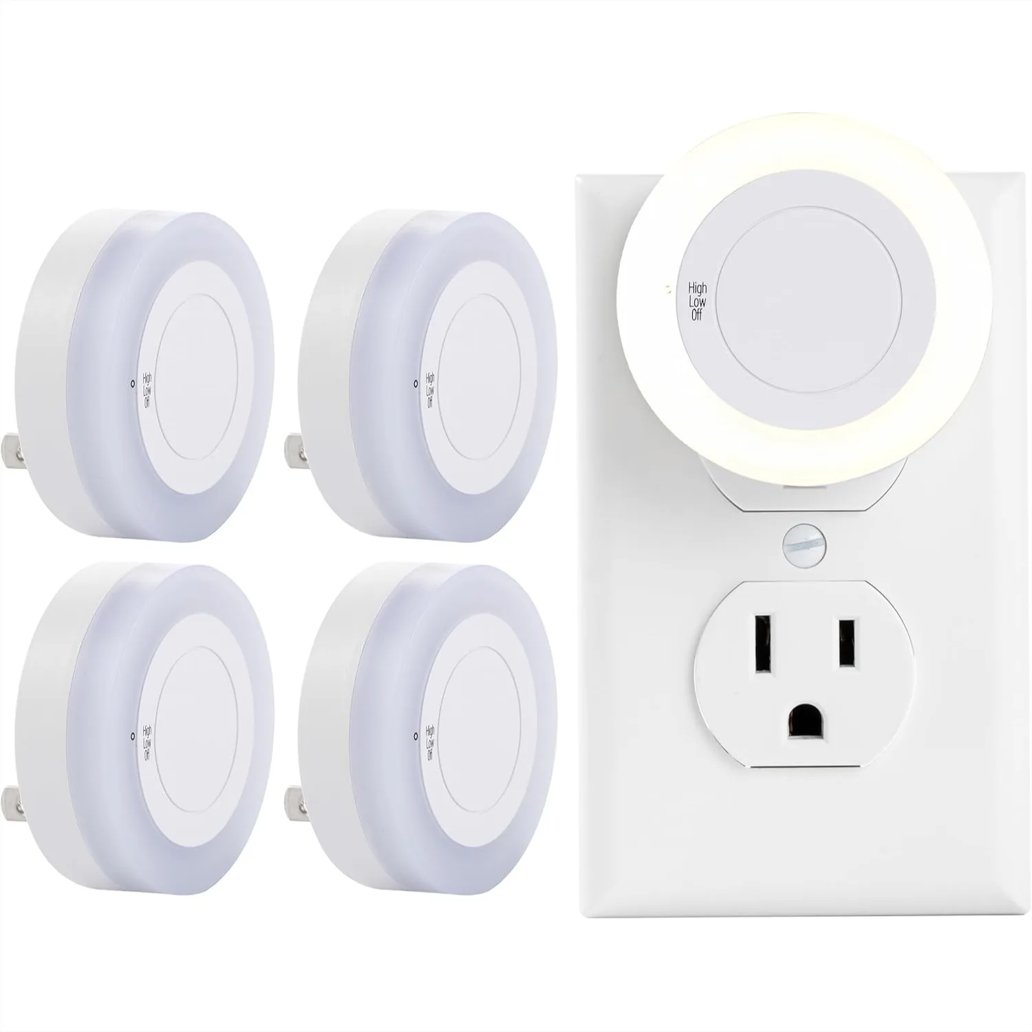 

LED Night Light 4 Pack, Manual High/Low/Off Switch, 20 Lumens Warm White for Bathroom Hallway Bedroom Kitchen, Energy Efficient