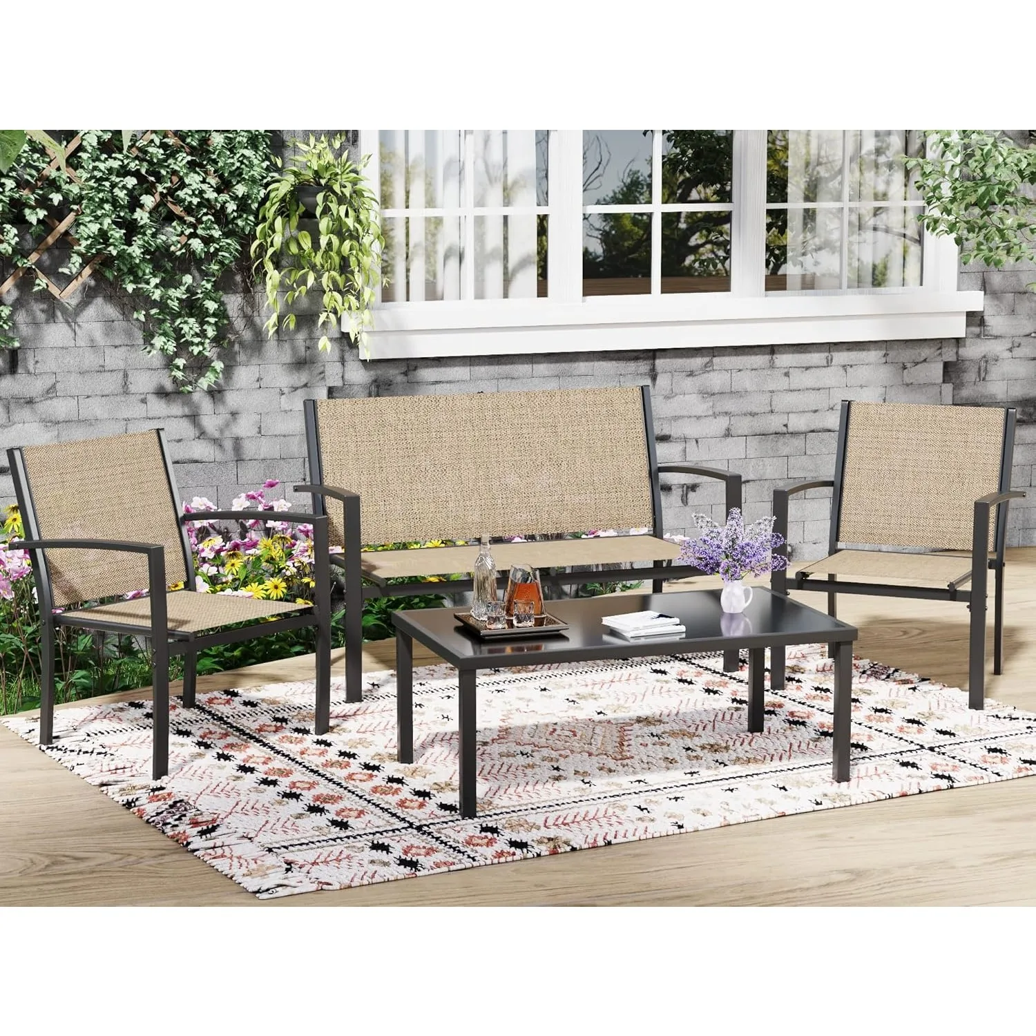 4 Pieces Patio Furniture Set, Outdoor Conversation Sets for Patio, Lawn, Garden, Poolside w/ A Glass Coffee Table, Beige