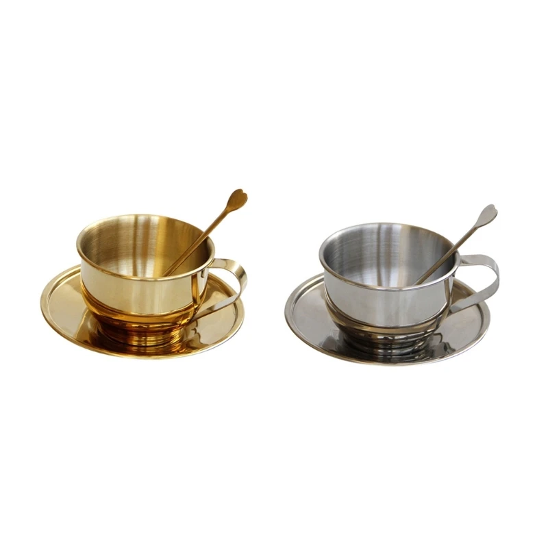 

Double-deck Coffee Cups Set Stainless Steel Thermal Insulation Coffee Mug with Spoon and Saucer Teas Cups Milk Mug Drop shipping